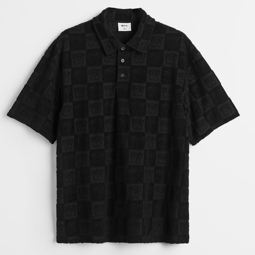 Smiley Polo Shirt Mens Black Embossed Textured Print AOP Y2K Style H&M